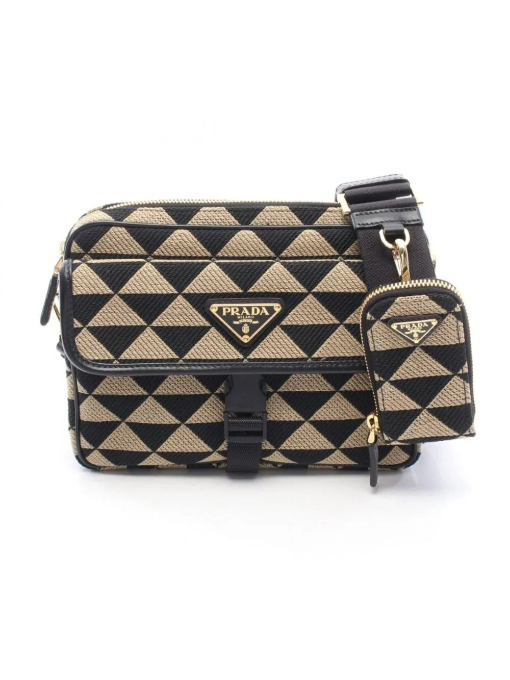 Prada Shoulder Bag Symbol Embroidery Beige Black Canvas Leather